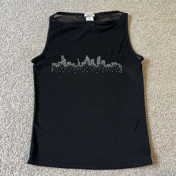 Vintage 90s Y2K Agaci Too Black Sheer Skyline Jeweled Tank Top Fairy L - Picture 1 of 7